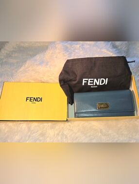 Fendi Teal Blue Leather Peek A Boo  Continental Wallet with Gold Plate Authentic